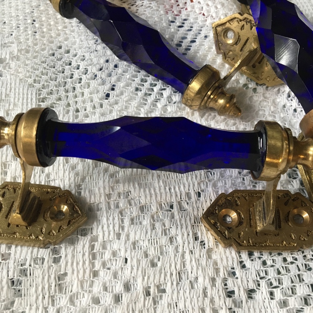 Vintage beautiful cobalt blue glass&brass pulls for cabinets, dressers, whatever